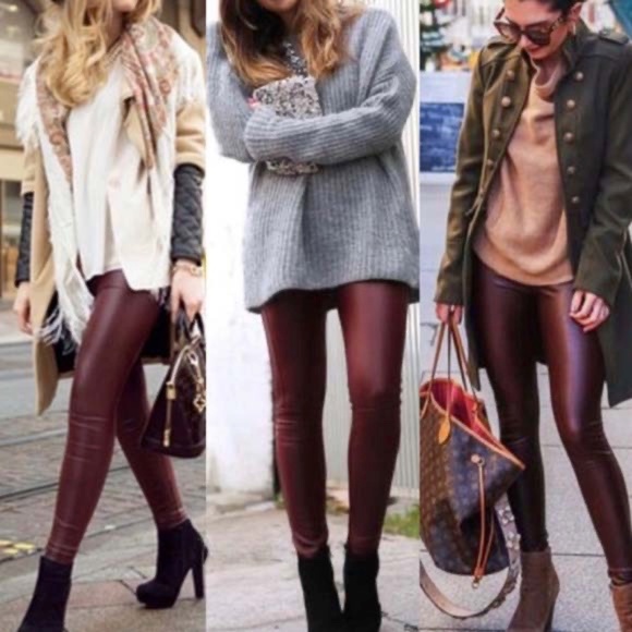 Luxe Vegan Leather Burgundy High Waist Tummy Control Leggings - Picture 1 of 3